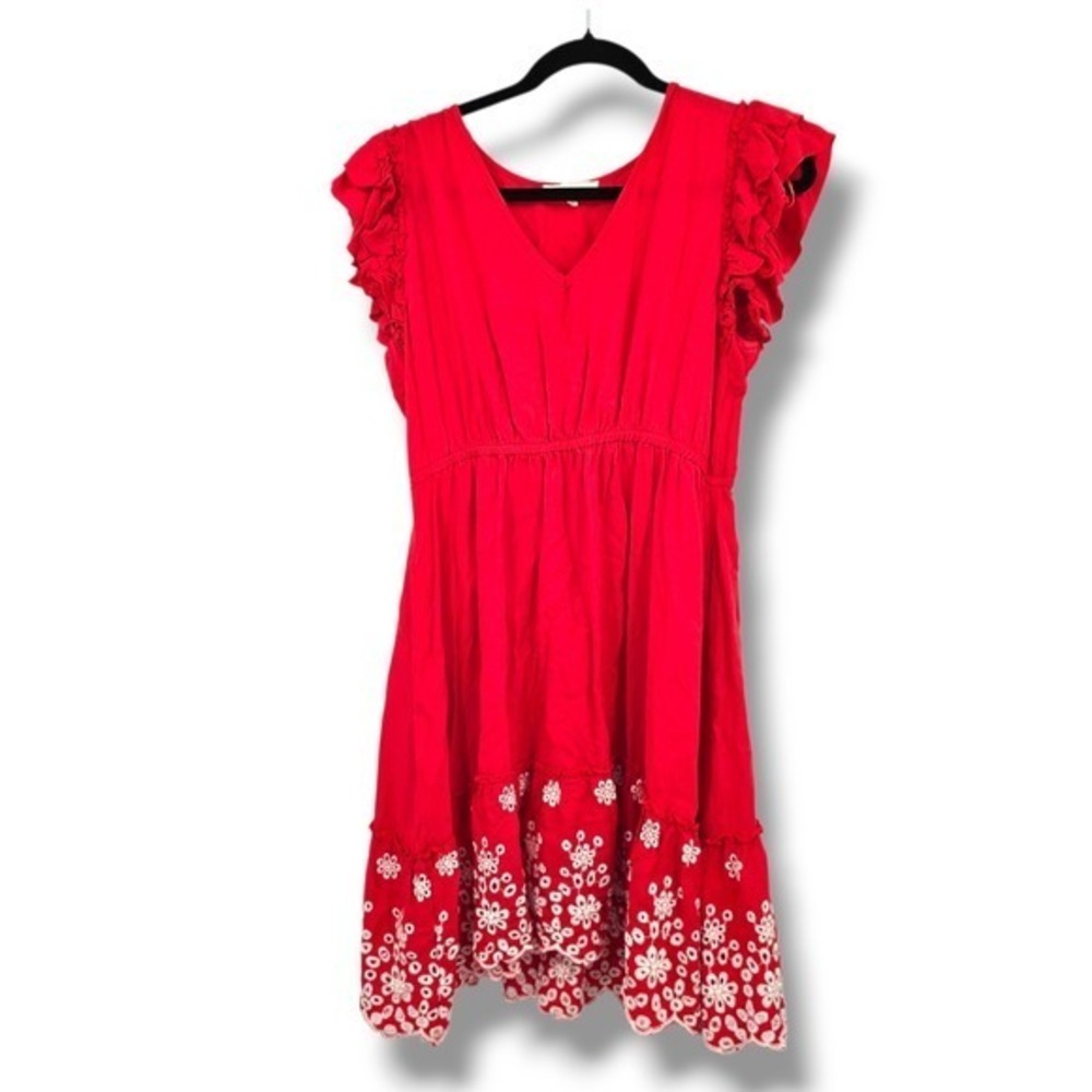 Solitaire Boho Red Dress Ruffle Sleeve‎ Embroidered Hem Summer Mini Size M